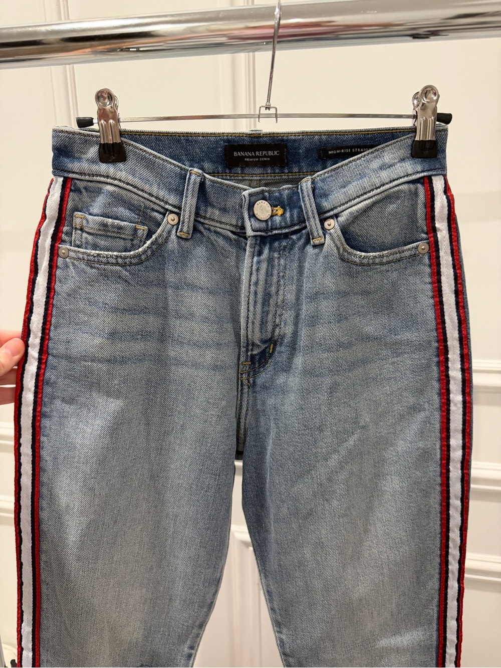 Banana Republic Light Blue Straight-Leg Jeans with Red & White Side Stripes